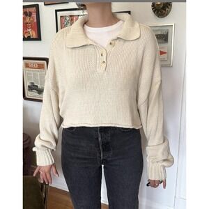 Industry Cropped Knit Sweater Sz XS Oversized Oatmeal 1/4 Button‎ Neutral